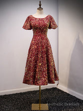 Burgundy Sequins Puff Sleeve Tea Length Prom Dress